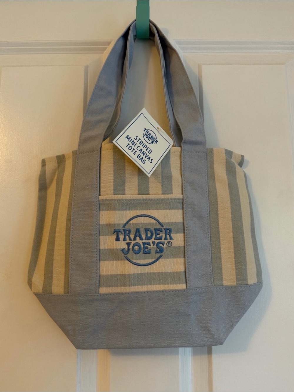 Trader Joe's Light Blue & Cream Striped Canvas Mini Tote